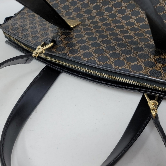 Vintage Celine Triomphe Canvas Black Leather Medium Shoulder Tote Hand Bag Auth - Picture 15 of 16